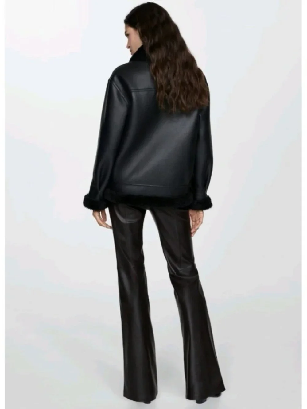MNG Mango Faux Shearling Moto Jacket M Black Faux Leather Asymmetric Zip Biker - Picture 7 of 14